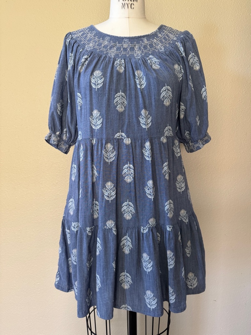 Old Navy Blue Mini Dress with White Leaf Print